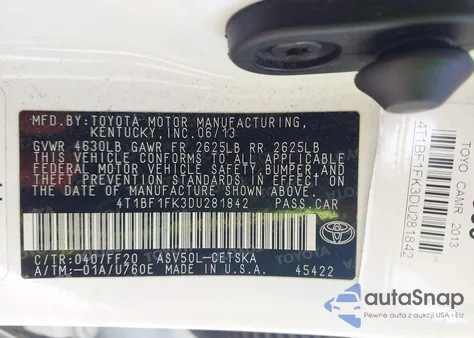 2013 Toyota Camry Se from USA, damaged, VIN 4T1BF1FK3DU281842